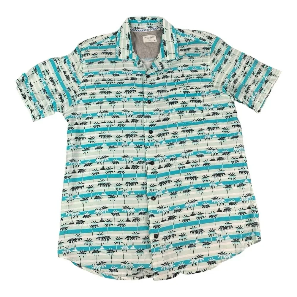 Sovereign Code Men Shirt XL Teal Green Palm Tree Pattern Short Sleeve Button Up